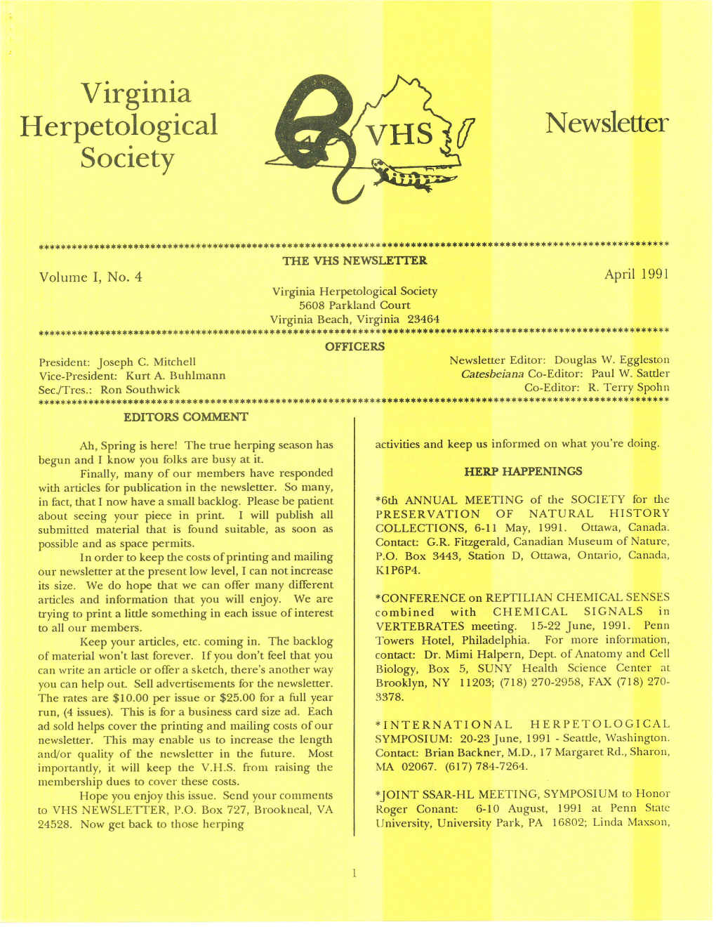 Virginia Herpetological VHS Newsleffer Society