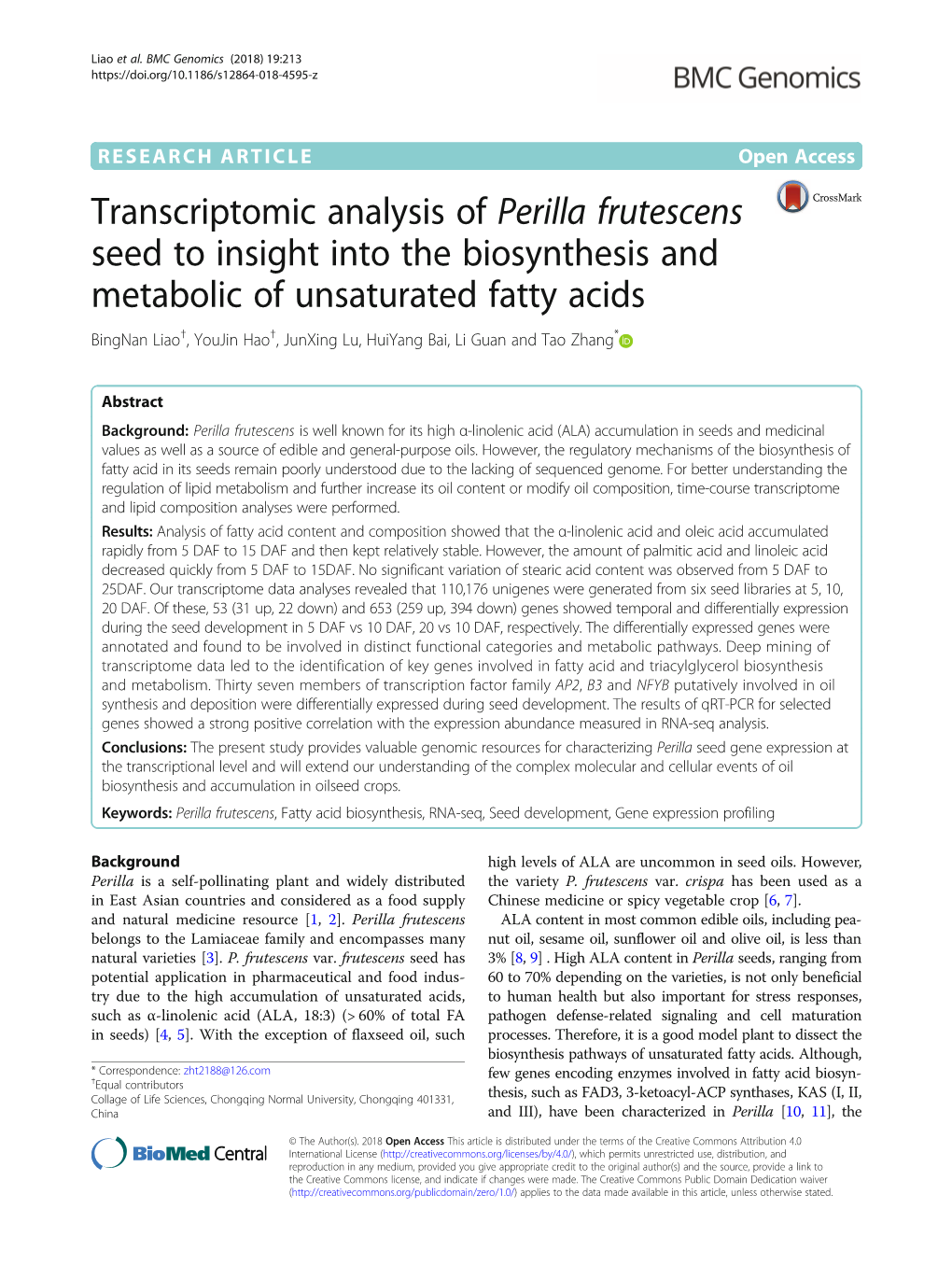 Transcriptomic Analysis of Perilla Frutescens Seed to Insight Into The