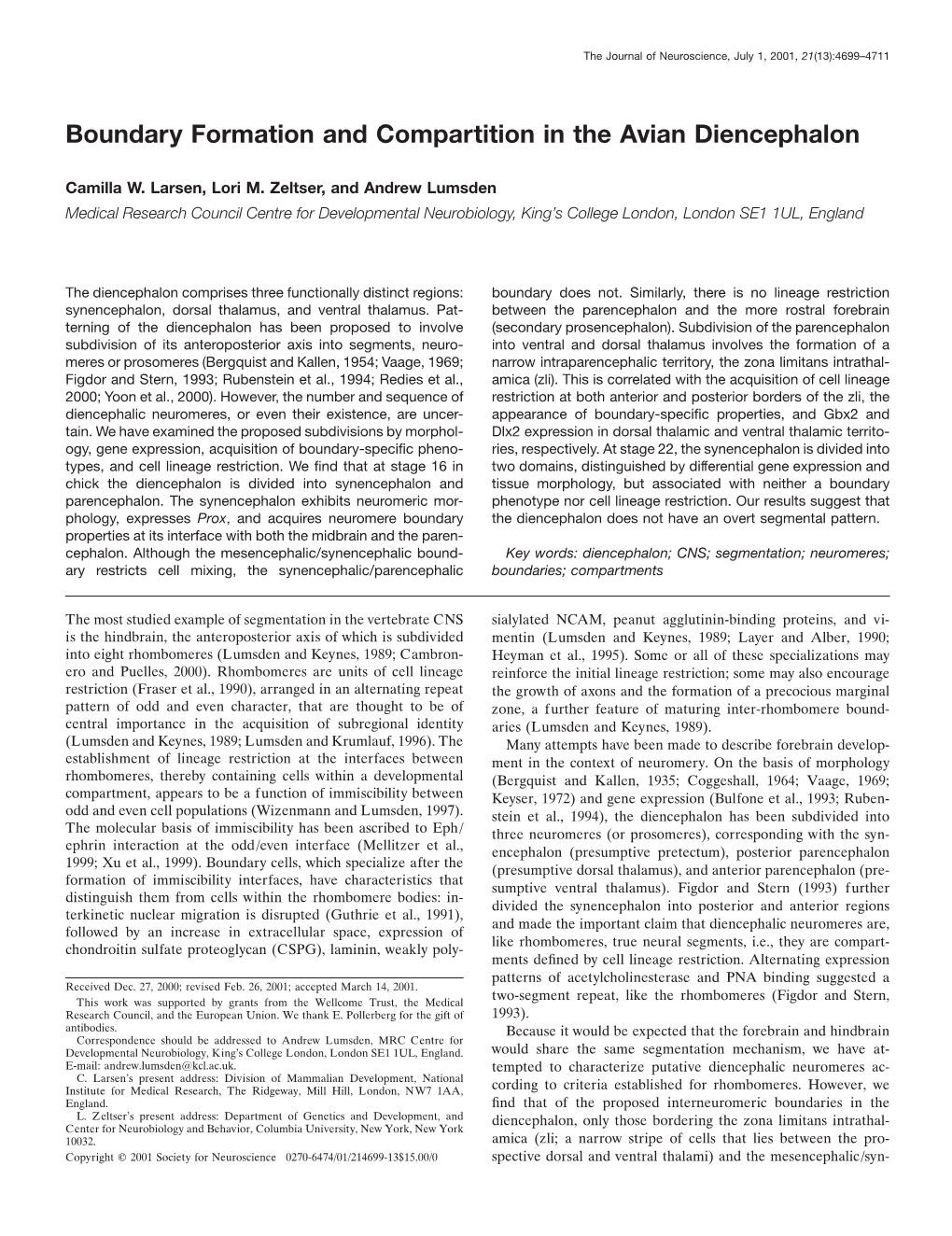 Boundary Formation and Compartition in the Avian Diencephalon