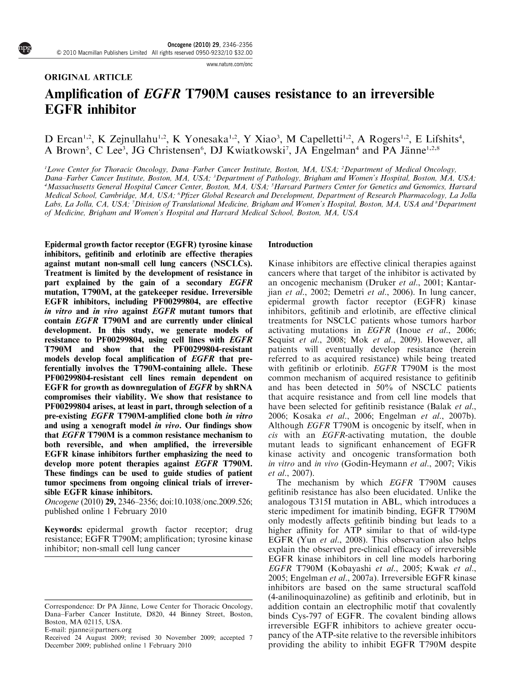 Amplification of EGFR T790M Causes Resistance to An