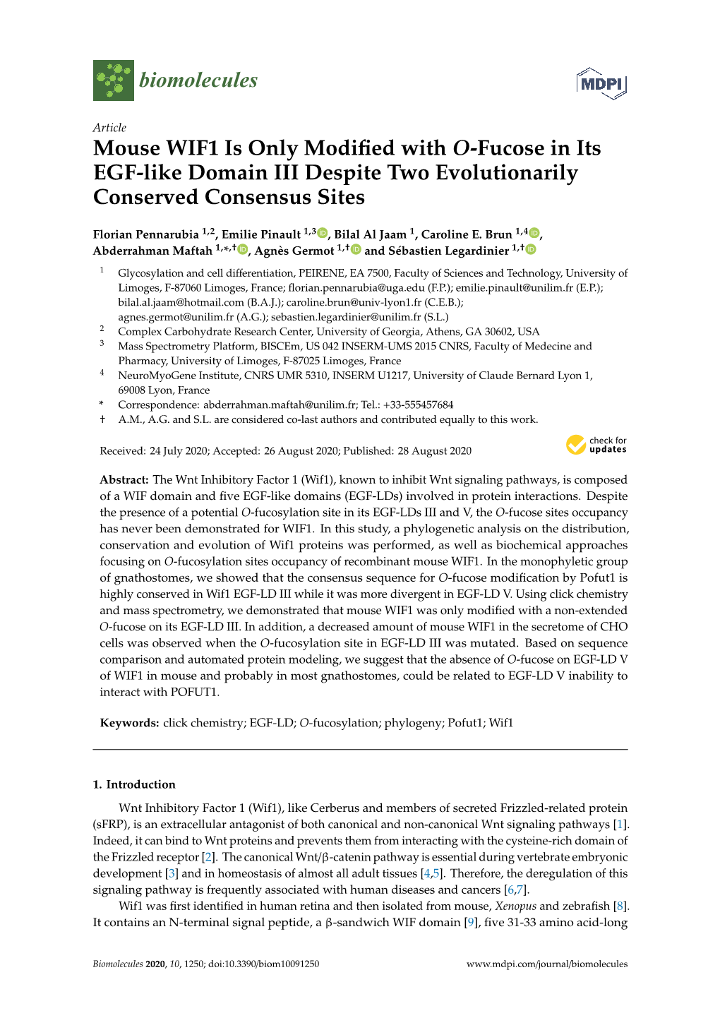 Mouse WIF1 Is Only Modified with O-Fucose in Its EGF-Like Domain III