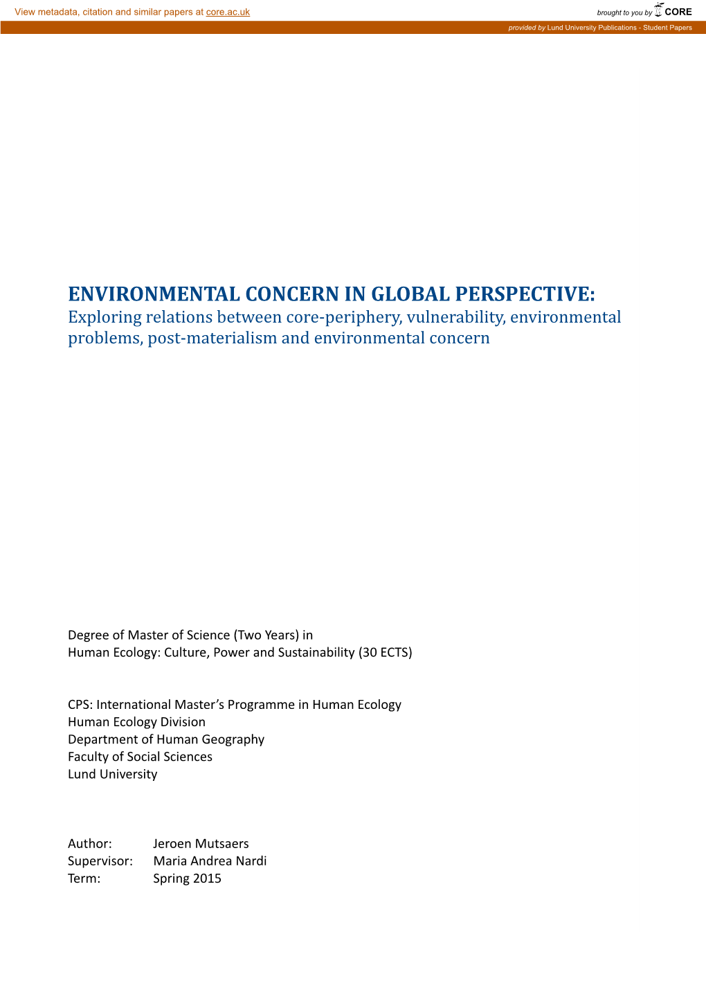 Environmental Concern in Global Perspective: Exploring Relations