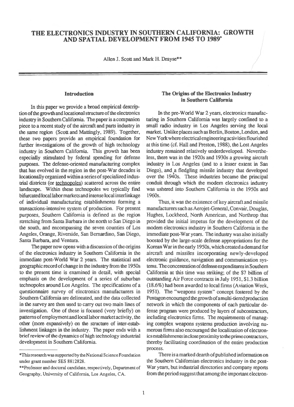 The Electronics Industry in Southern California: Growth and Spatial Development from 1945 to 1989* I I