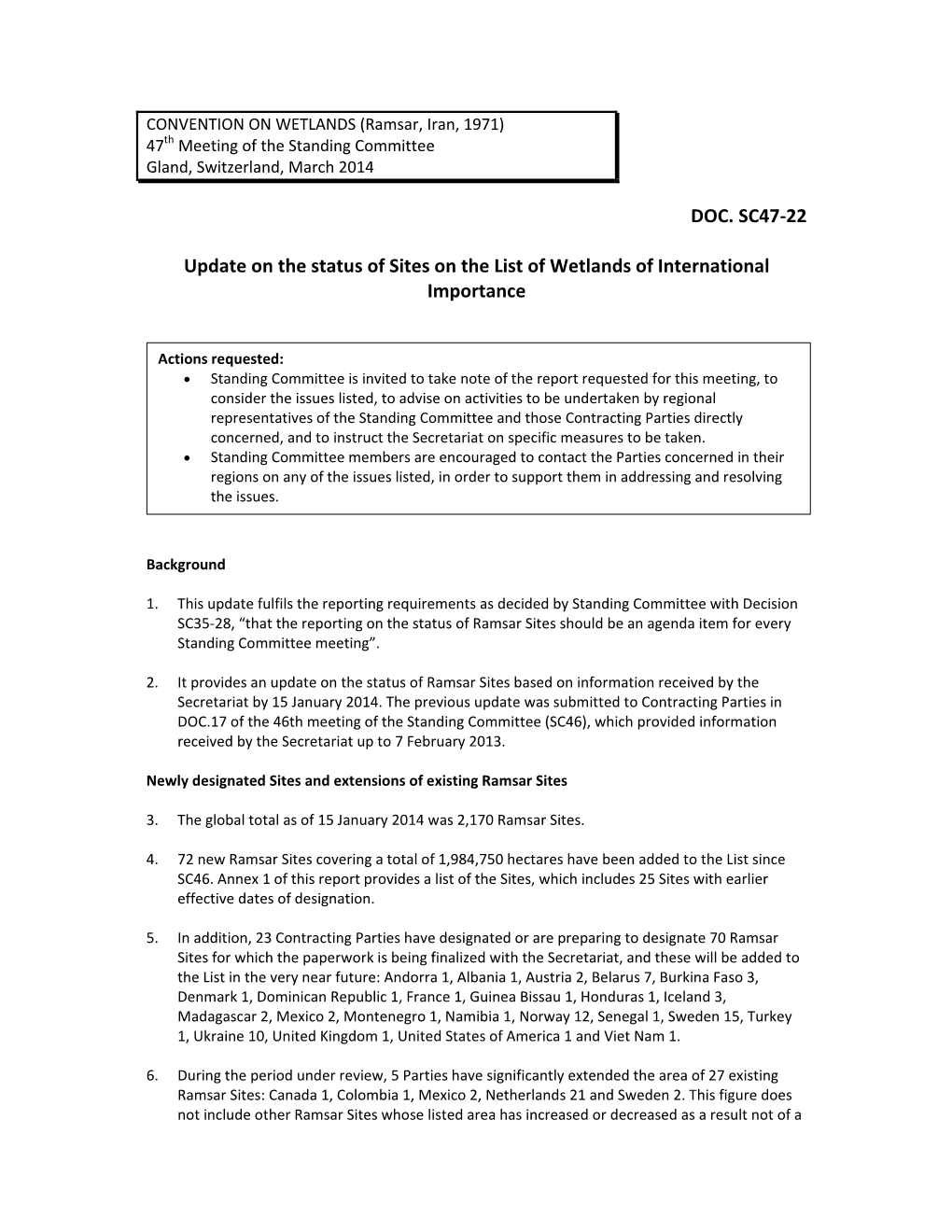 DOC. SC47-22 Update on the Status of Sites on the List of Wetlands Of