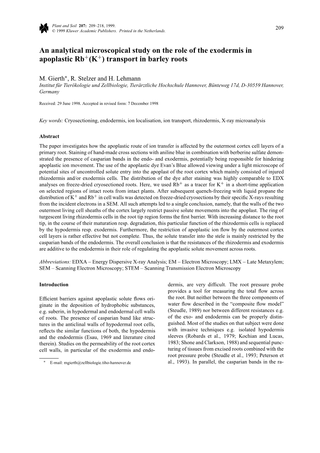 An Analytical Microscopical Study on the Role of the Exodermis in Apoplastic Rb+(K+) Transport in Barley Roots