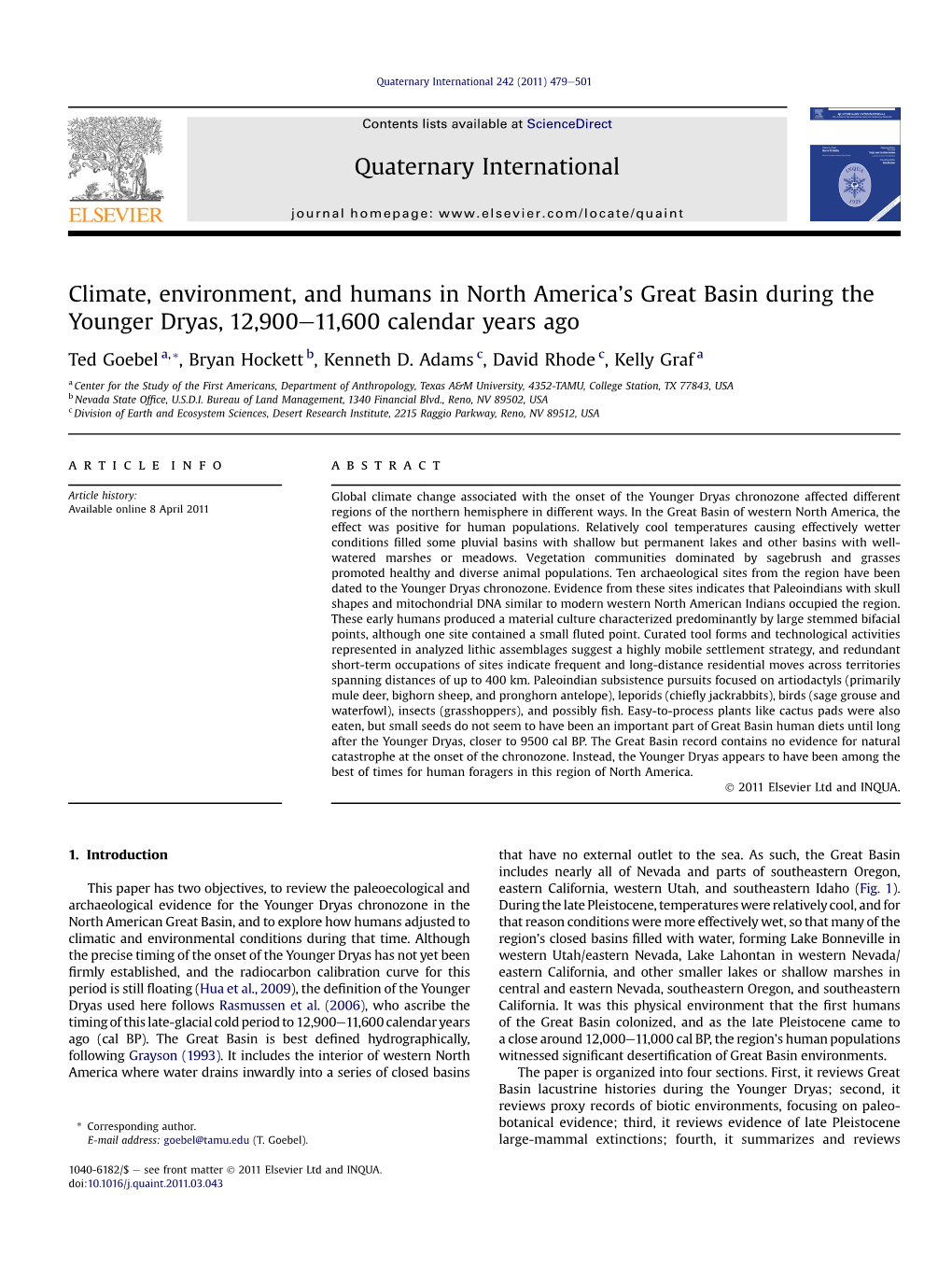 Climate, Environment, and Humans in North America&#X2019;S Great Basin During the Younger Dryas, 12,900-11,600 Calendar Year