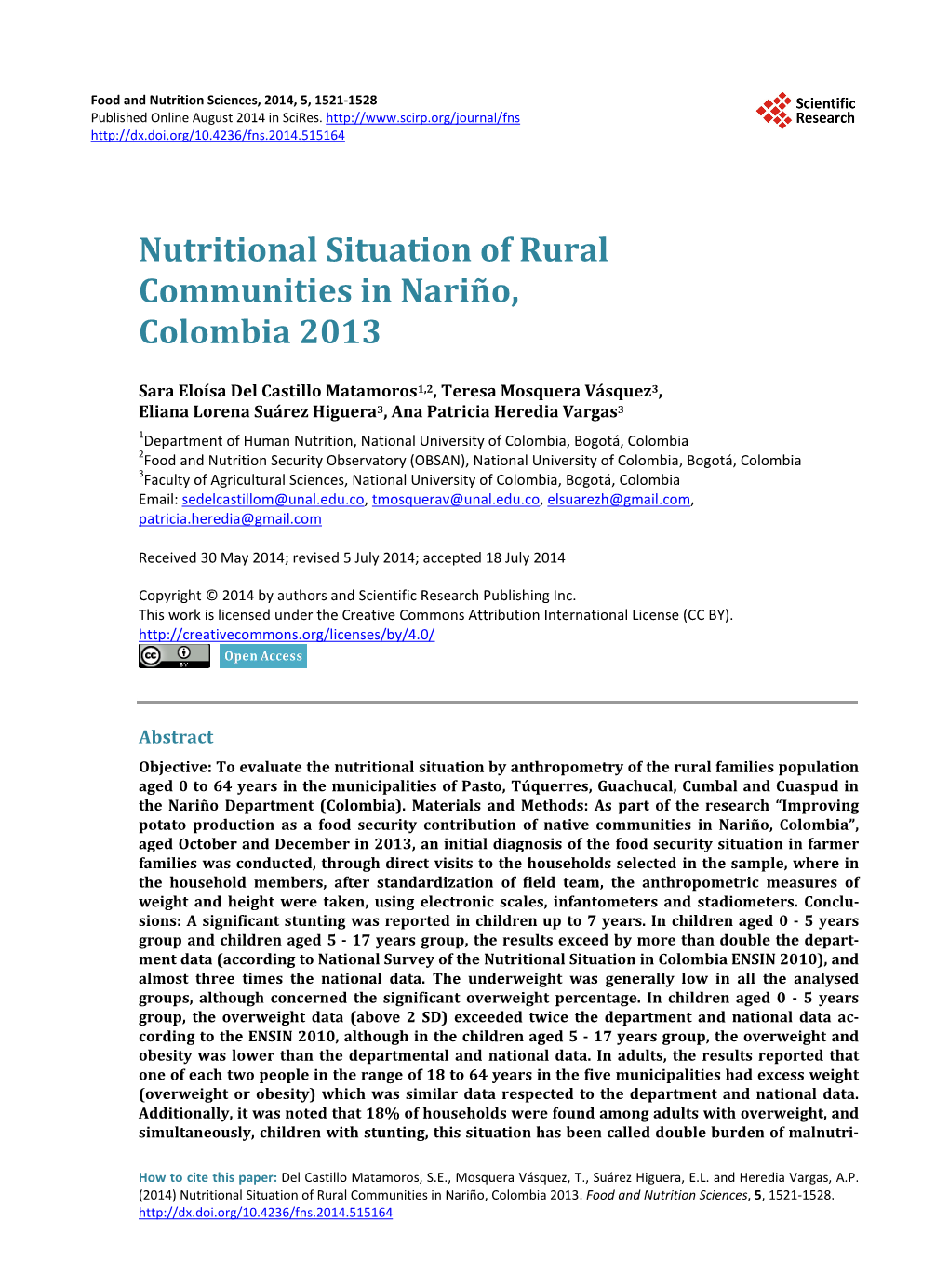 Nutritional Situation of Rural Communities in Nariño, Colombia 2013