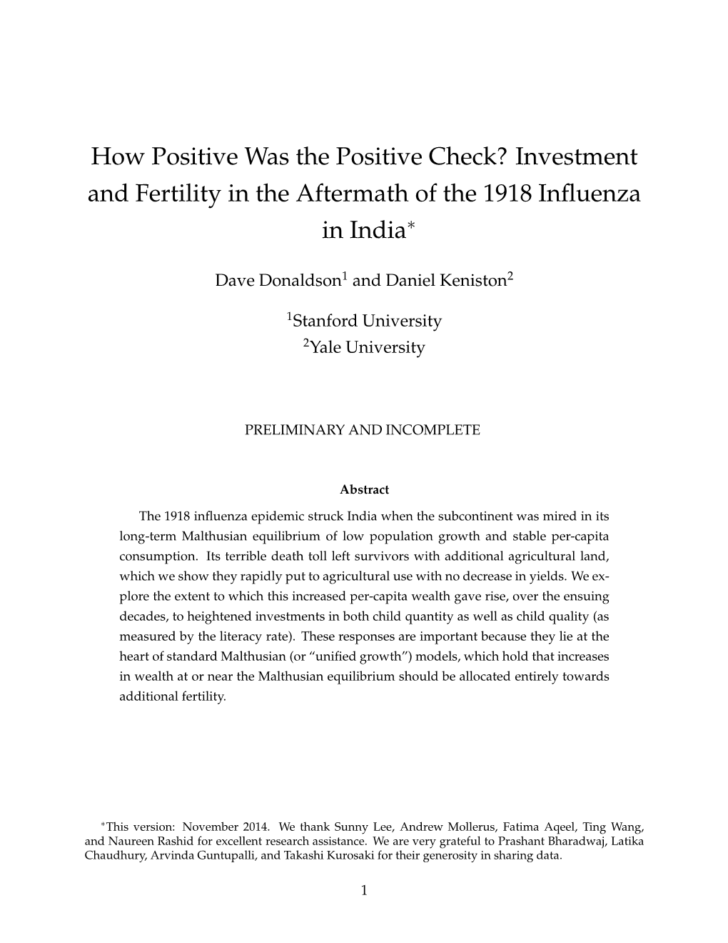 Investment and Fertility in the Aftermath of the 1918 Influenza