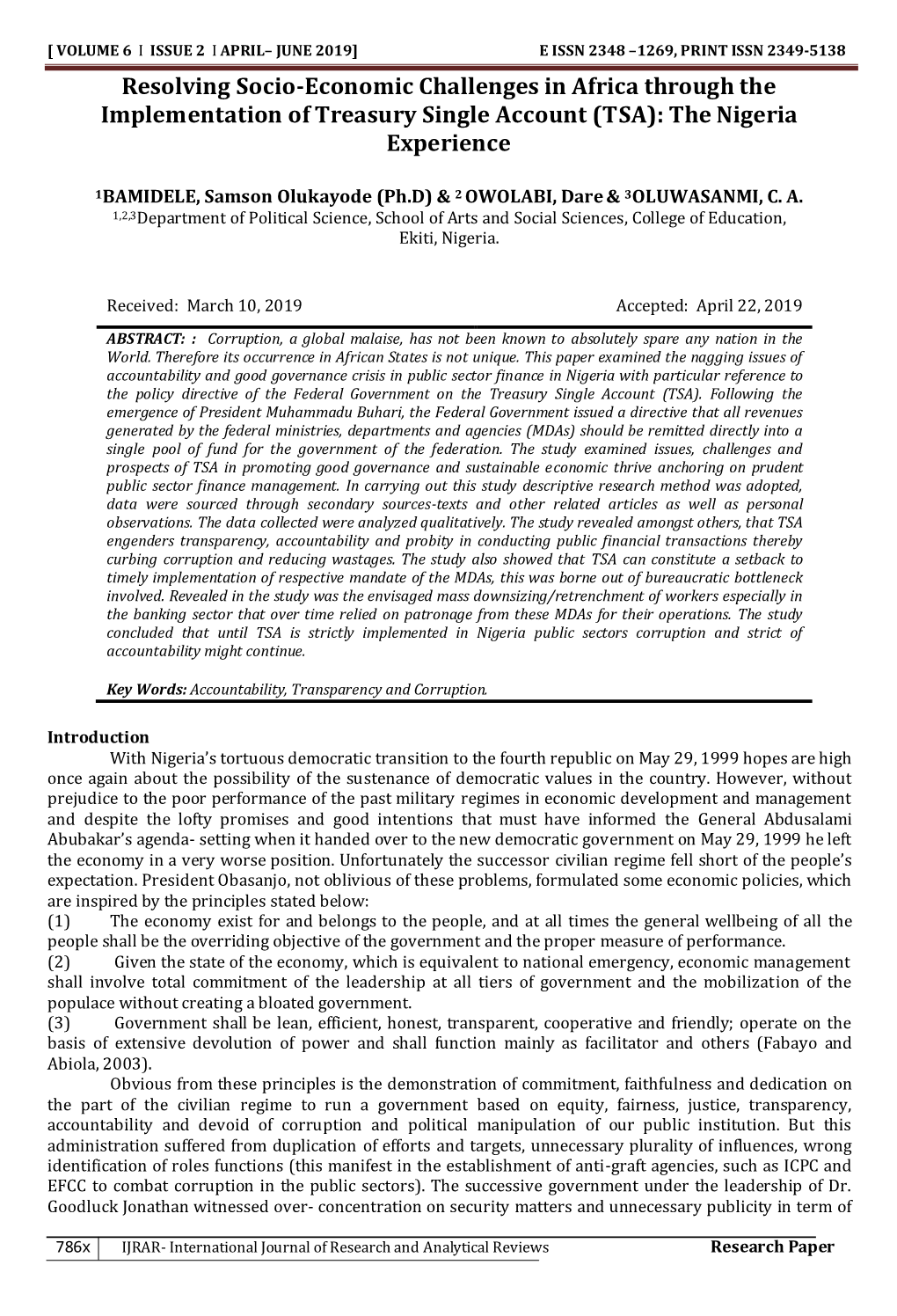 Resolving Socio-Economic Challenges in Africa Through the Implementation of Treasury Single Account (TSA): the Nigeria Experience