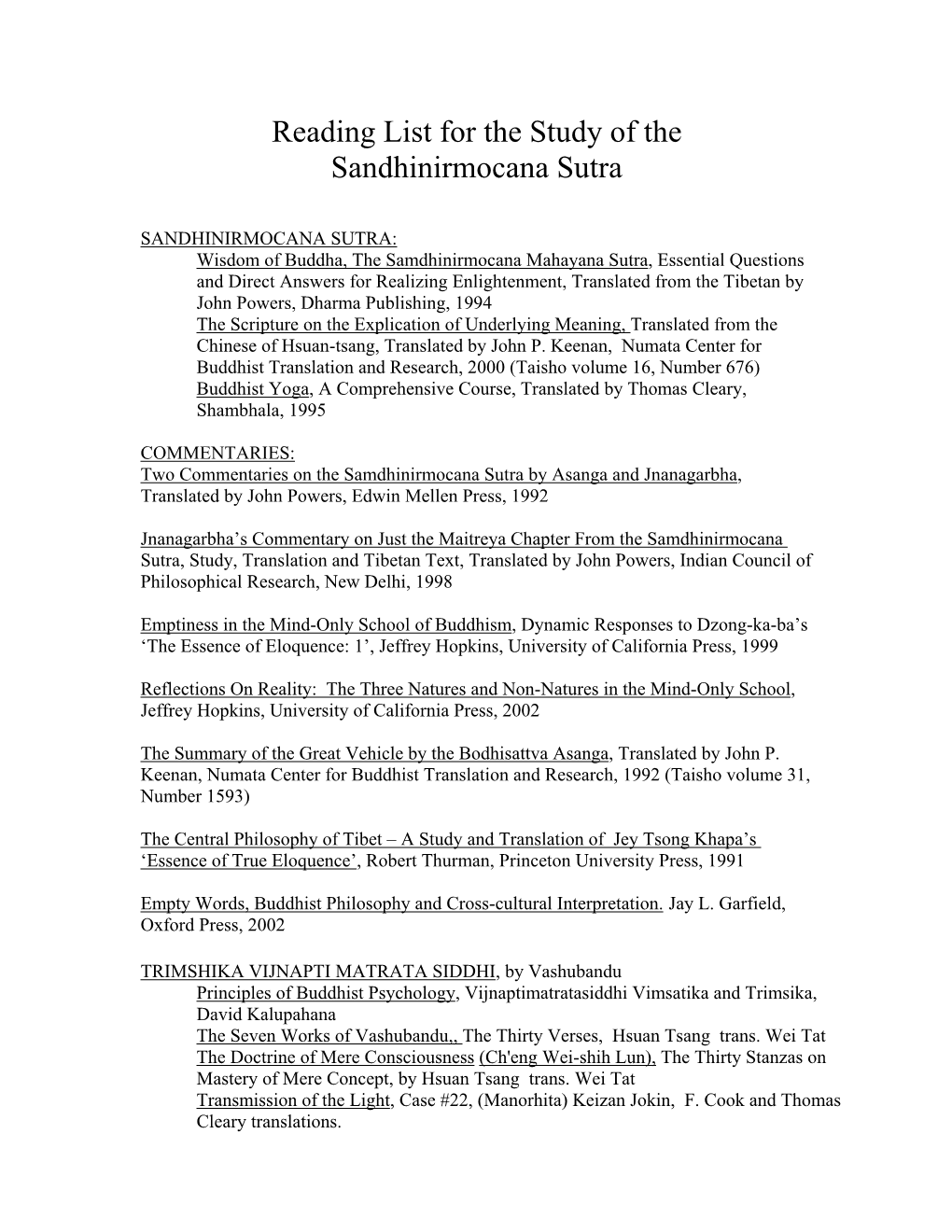 Reading List for the Study of the Sandhinirmocana Sutra