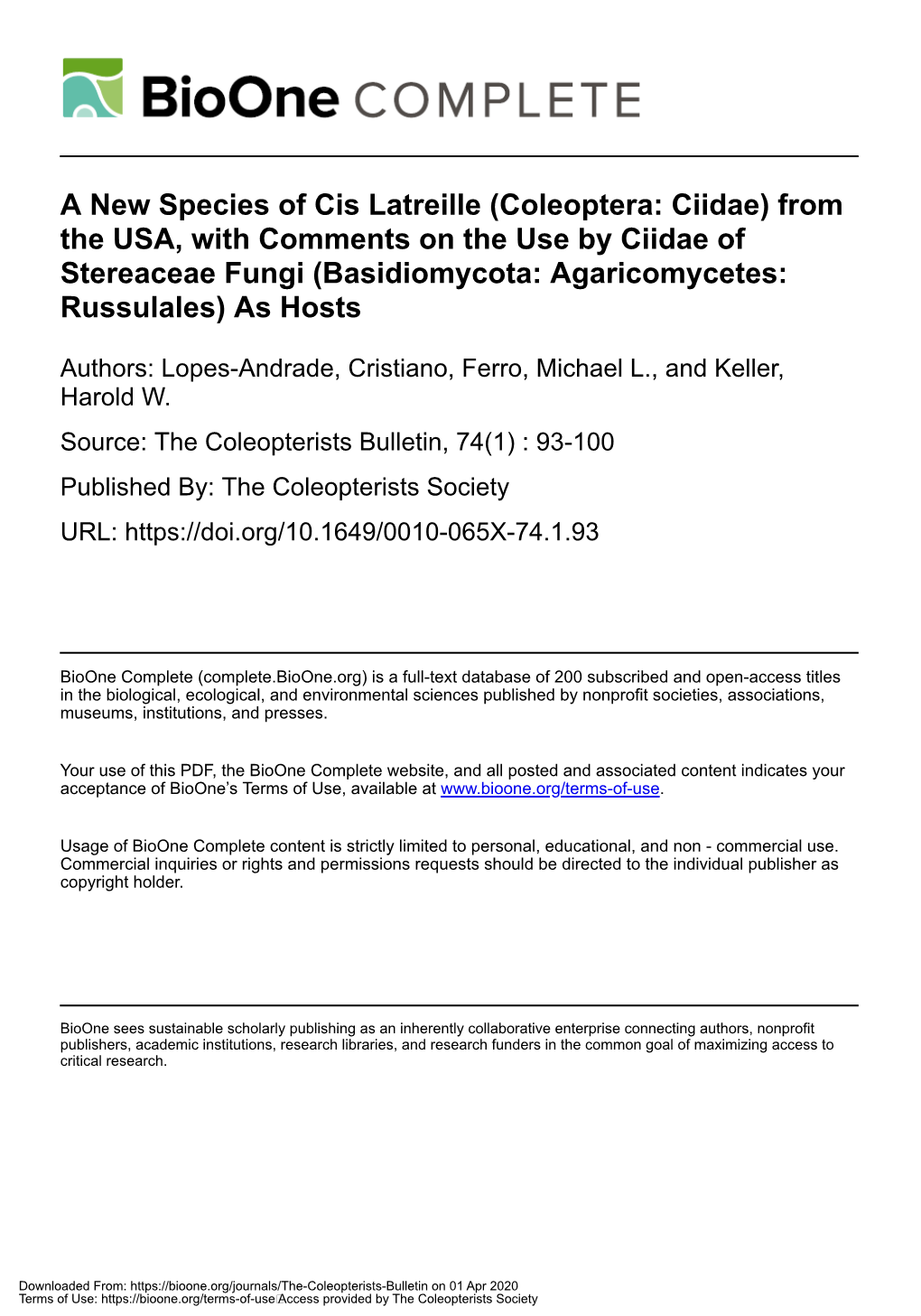 Coleoptera: Ciidae) from the USA, with Comments on the Use by Ciidae of Stereaceae Fungi (Basidiomycota: Agaricomycetes: Russulales) As Hosts