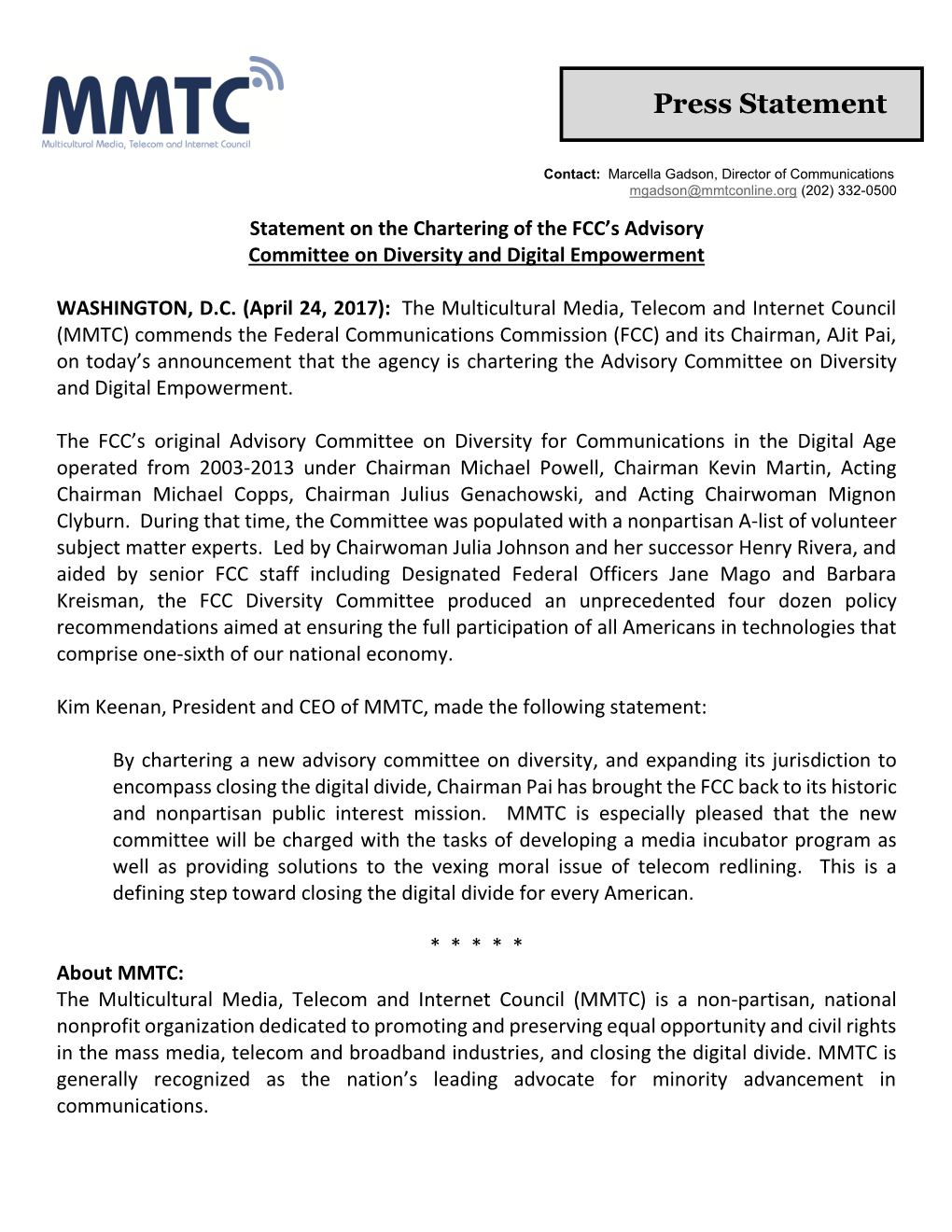 MMTC Press Statement