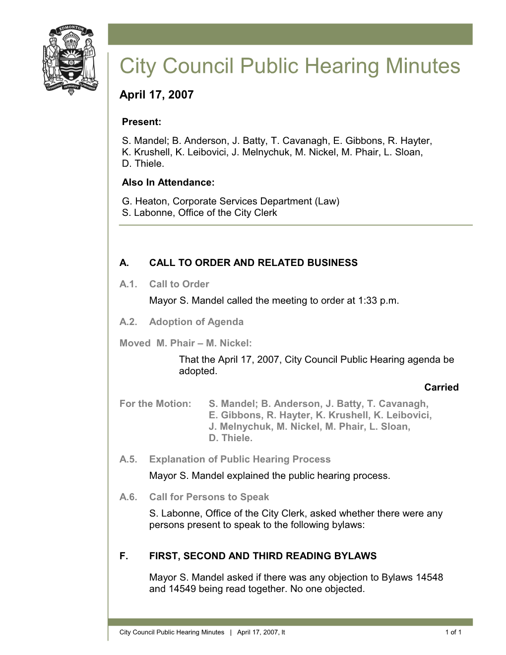 Minutes for City Council April 17, 2007 Meeting