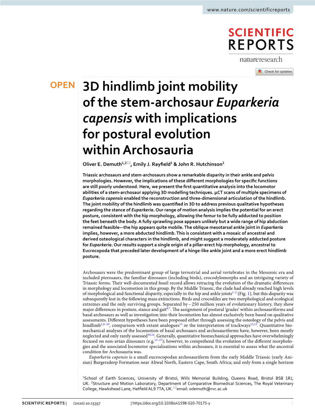 3D Hindlimb Joint Mobility of the Stem-Archosaur Euparkeria