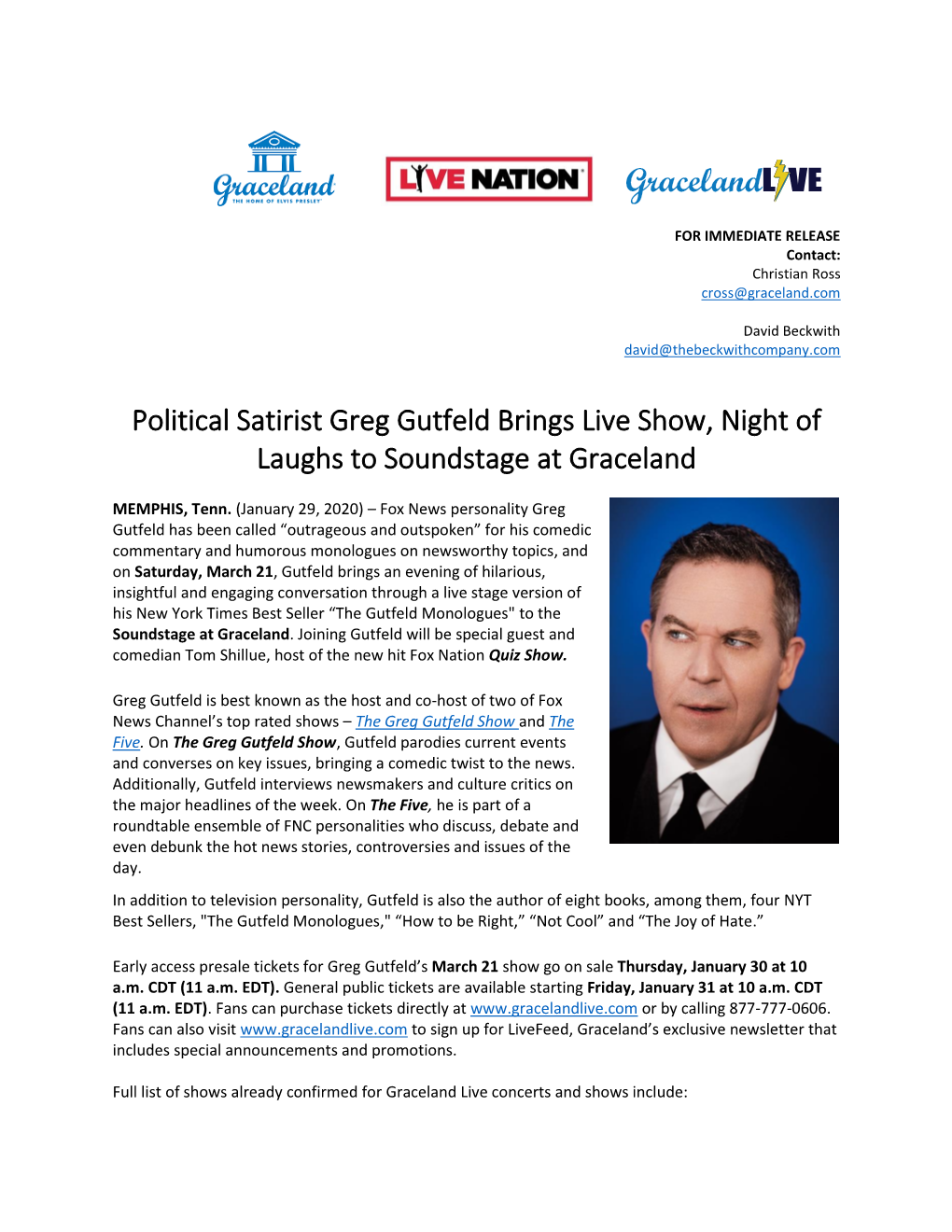 Political Satirist Greg Gutfeld Brings Live Show, Night of Laughs to Soundstage at Graceland