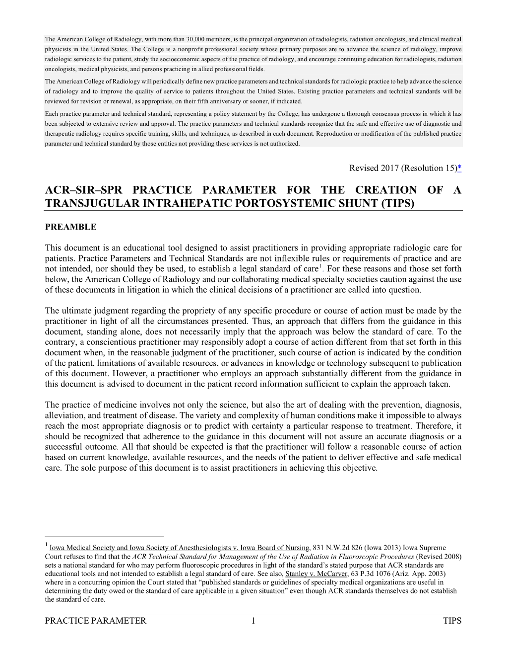 Acr–Sir–Spr Practice Parameter for the Creation of a Transjugular Intrahepatic Portosystemic Shunt (Tips)