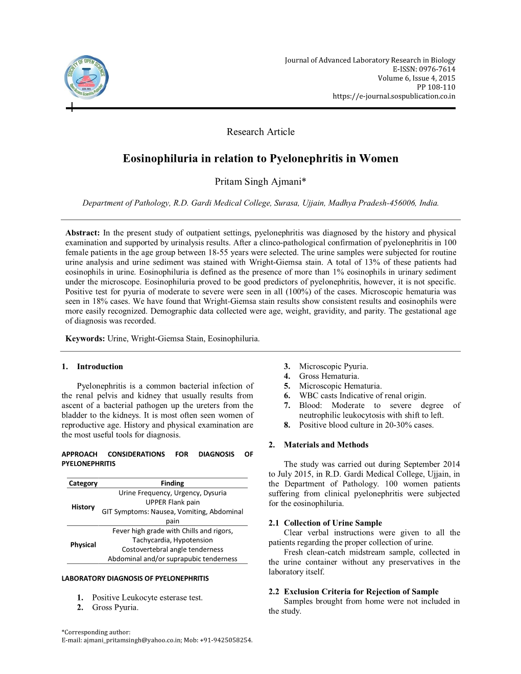 Eosinophiluria in Relation to Pyelonephritis in Women