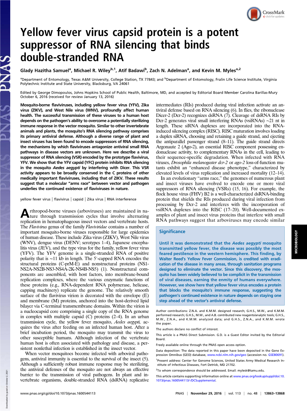 Yellow Fever Virus Capsid Protein Is a Potent Suppressor of RNA Silencing That Binds Double-Stranded RNA