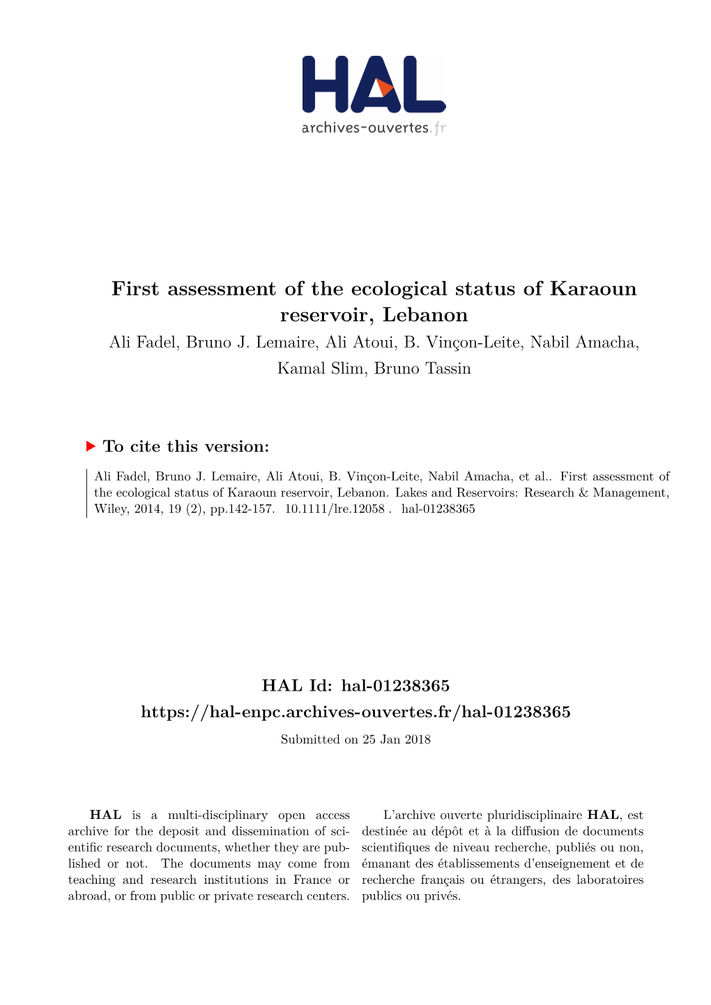 First Assessment of the Ecological Status of Karaoun Reservoir, Lebanon Ali Fadel, Bruno J