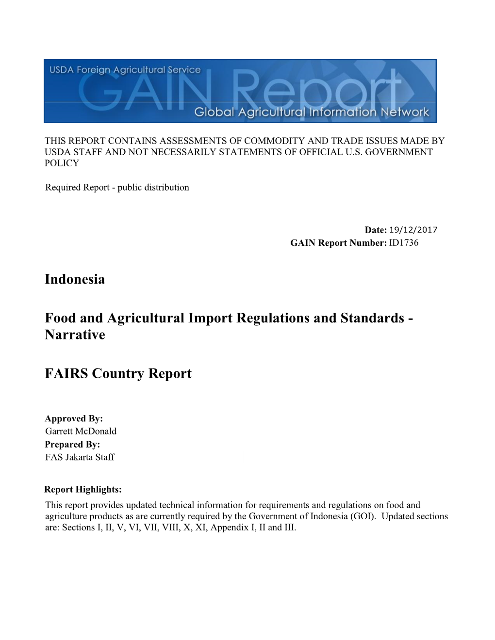 FAIRS Country Report Food and Agricultural Import Regulations and Standards