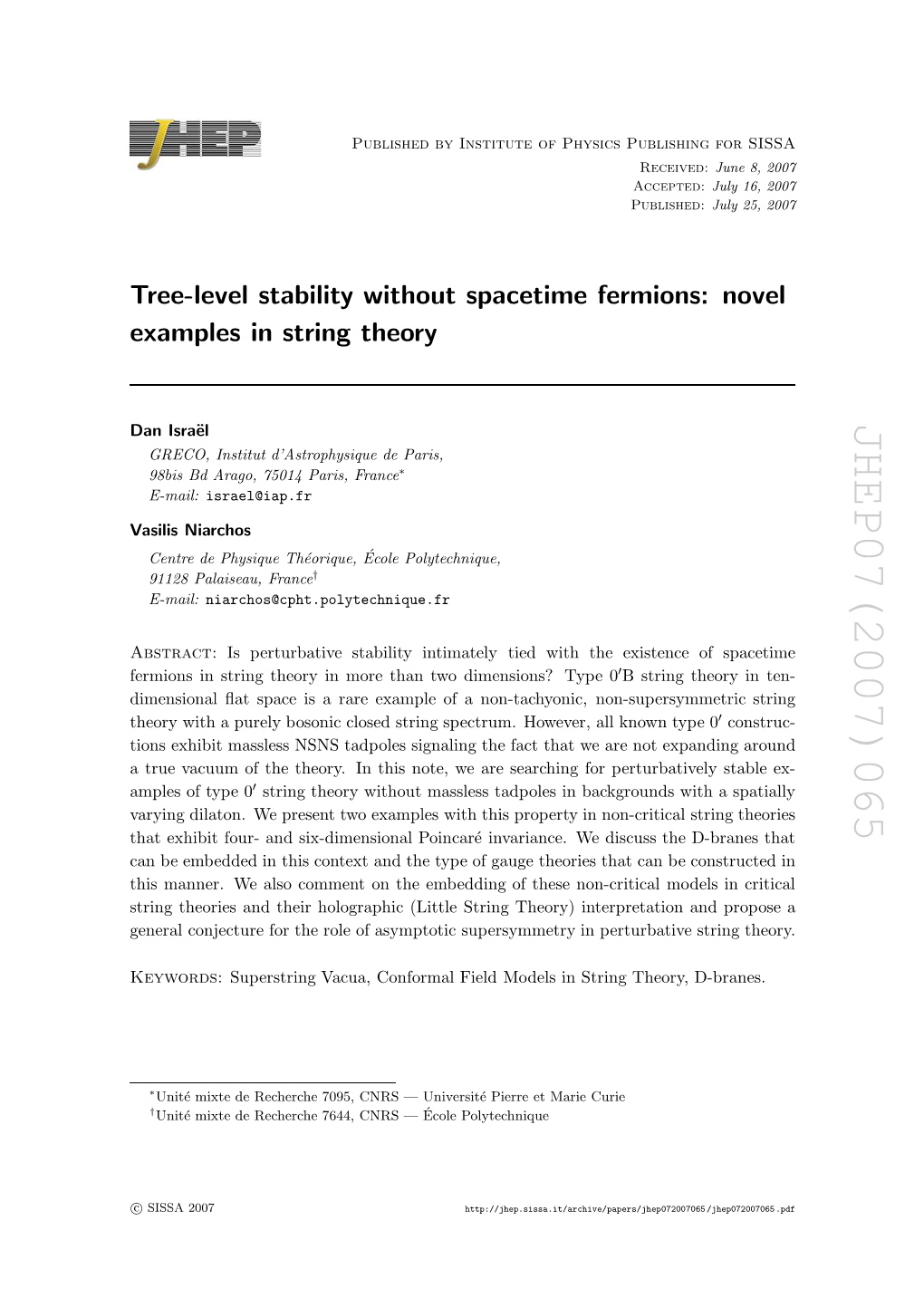 JHEP07(2007)065 Construc- ′ Hep072007065.Pdf June 8, 2007 July 16, 2007 July 25, 2007 H a Spatially , D-Branes