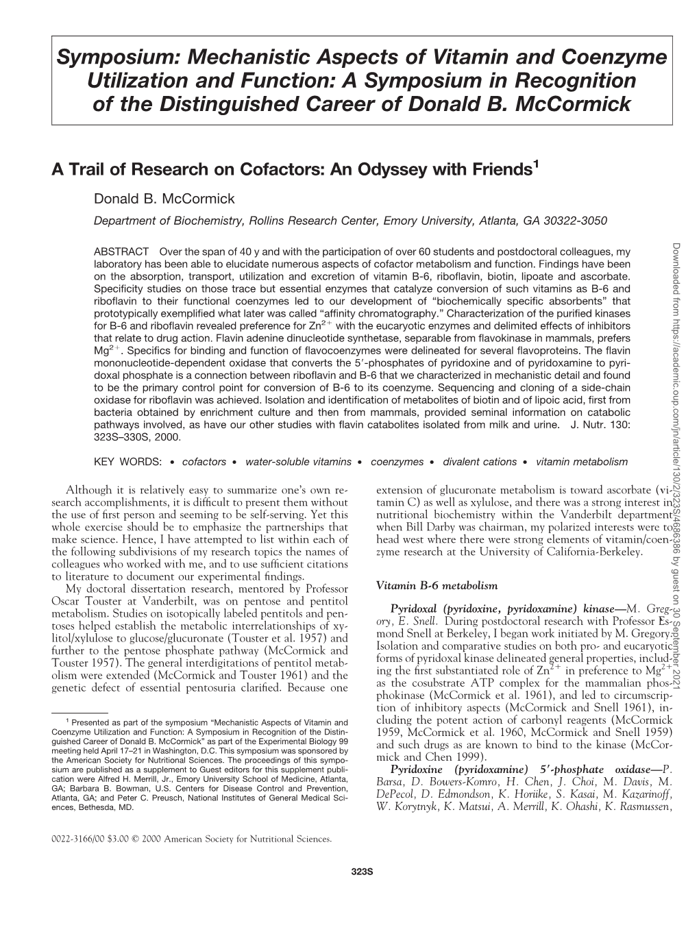 Mechanistic Aspects of Vitamin and Coenzyme Utilization and Function: a Symposium in Recognition of the Distinguished Career of Donald B