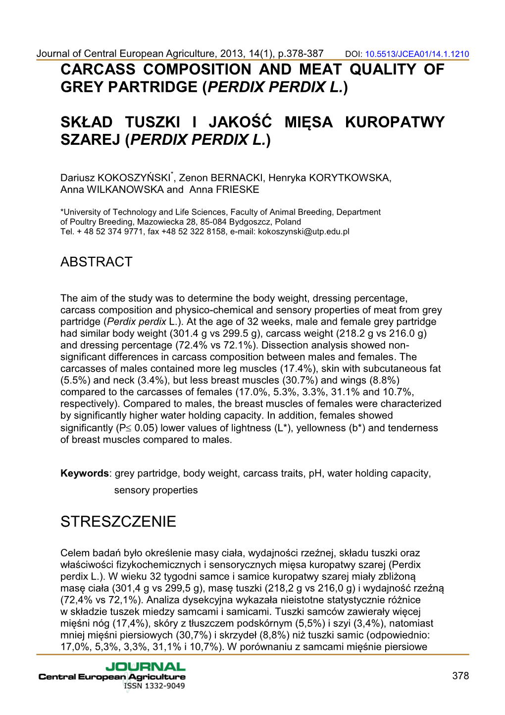 Carcass Composition and Meat Quality of Grey Partridge (Perdix Perdix L.)