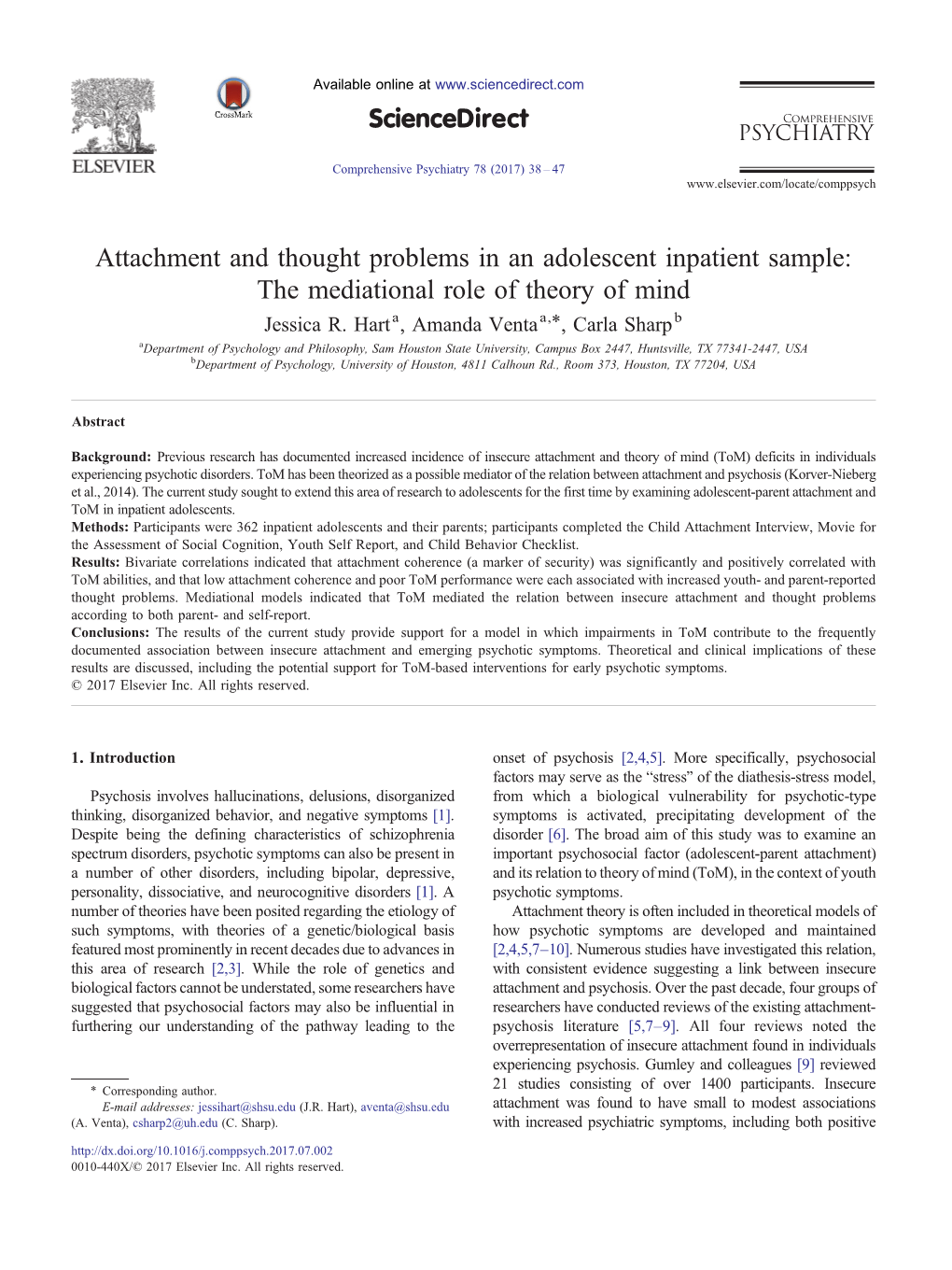 Attachment and Thought Problems in an Adolescent Inpatient Sample: the Mediational Role of Theory of Mind ⁎ Jessica R