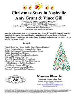 Christmas Stars in Nashville Amy Grant & Vince Gill ***Lodging at The