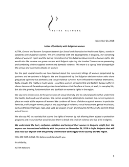 1 November 23, 2018 Letter of Solidarity with Bulgarian Women