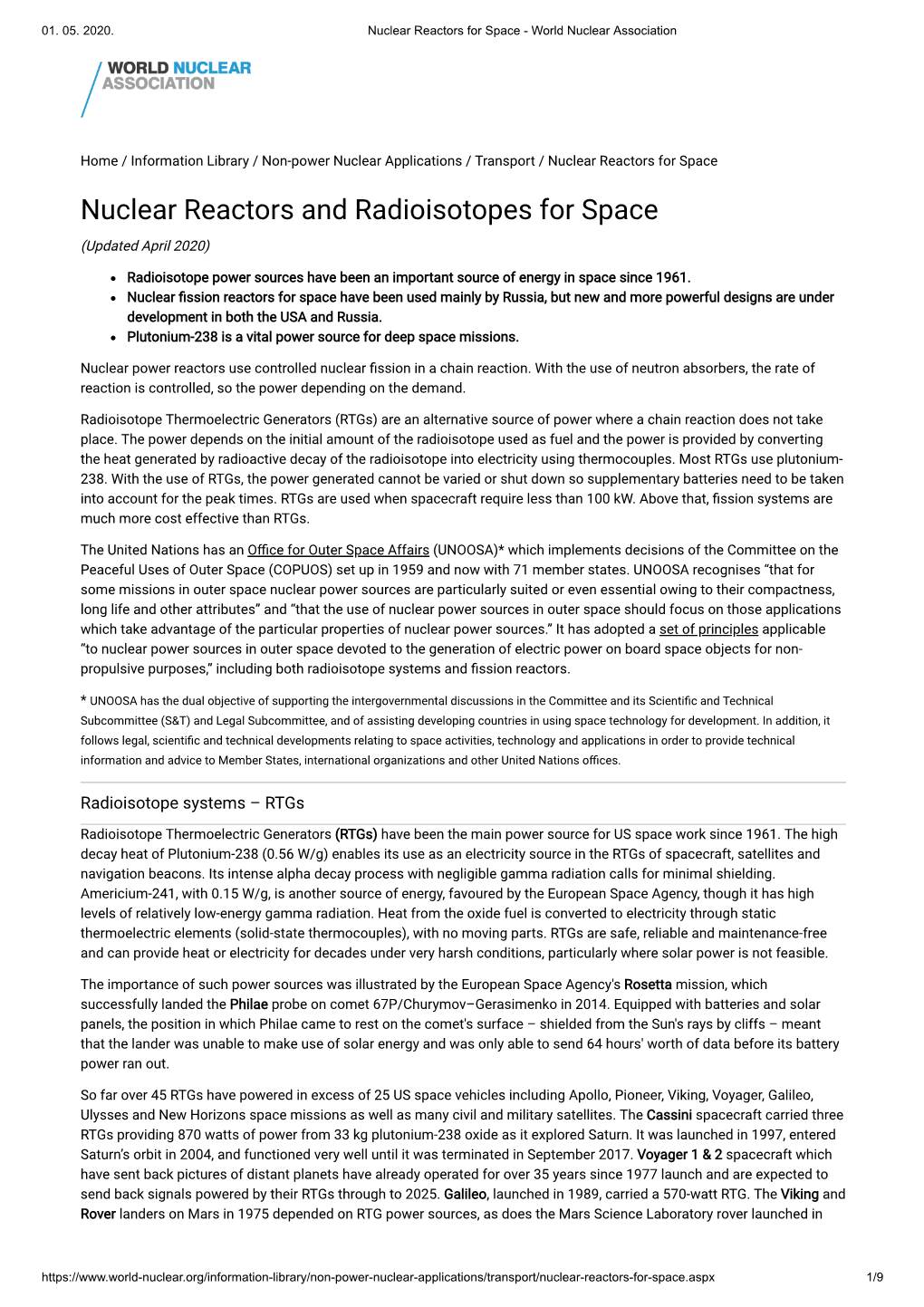 Nuclear Reactors and Radioisotopes for Space