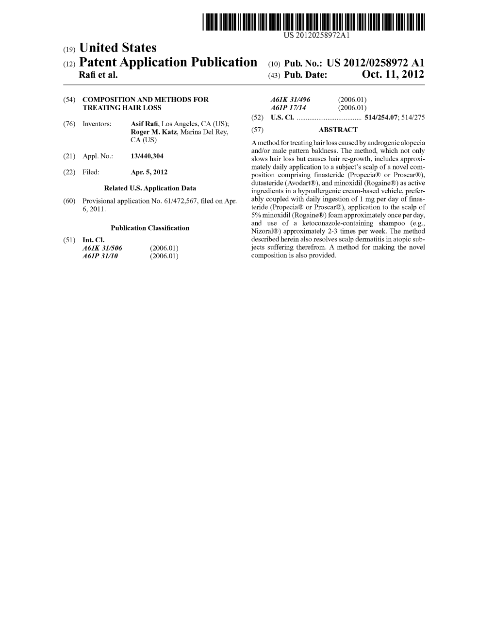 (12) Patent Application Publication (10) Pub. No.: US 2012/0258972 A1 Rafi Et Al