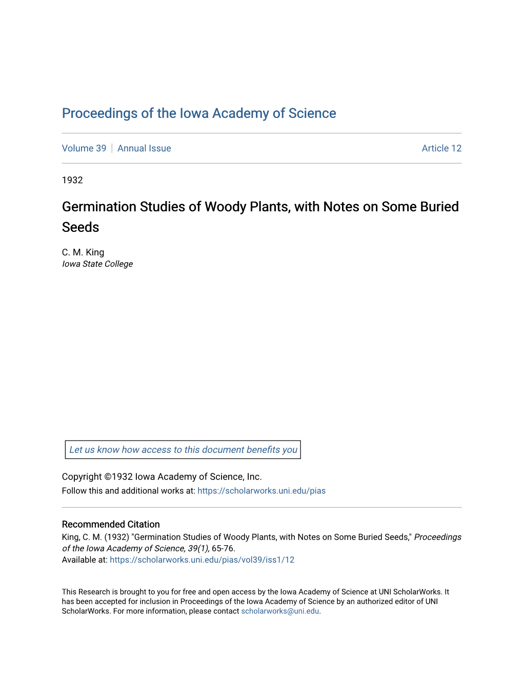 Germination Studies of Woody Plants, with Notes on Some Buried Seeds