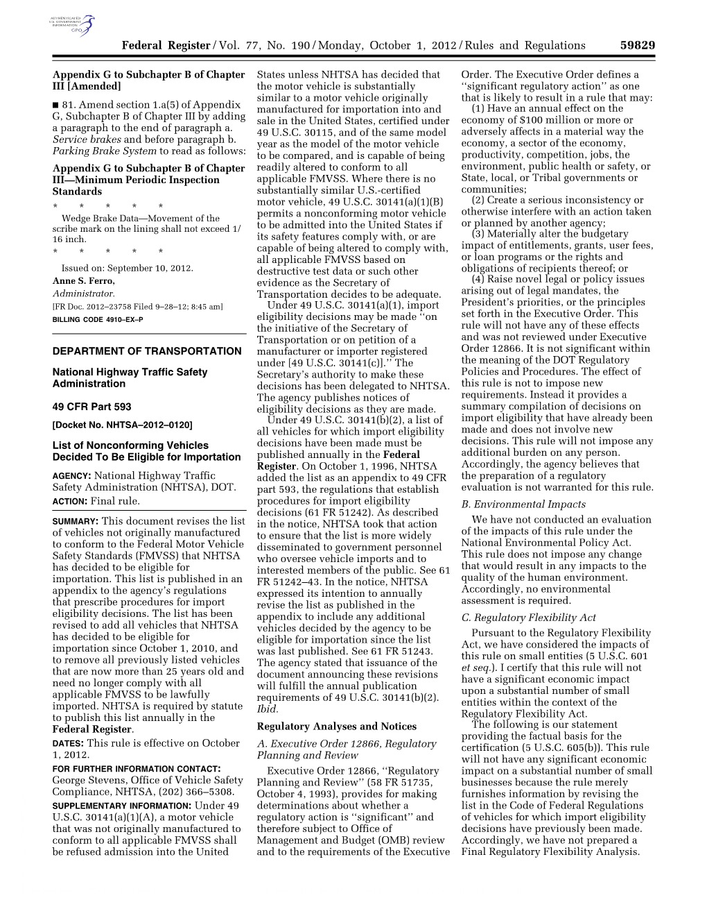 Federal Register/Vol. 77, No. 190/Monday, October 1, 2012/Rules and Regulations