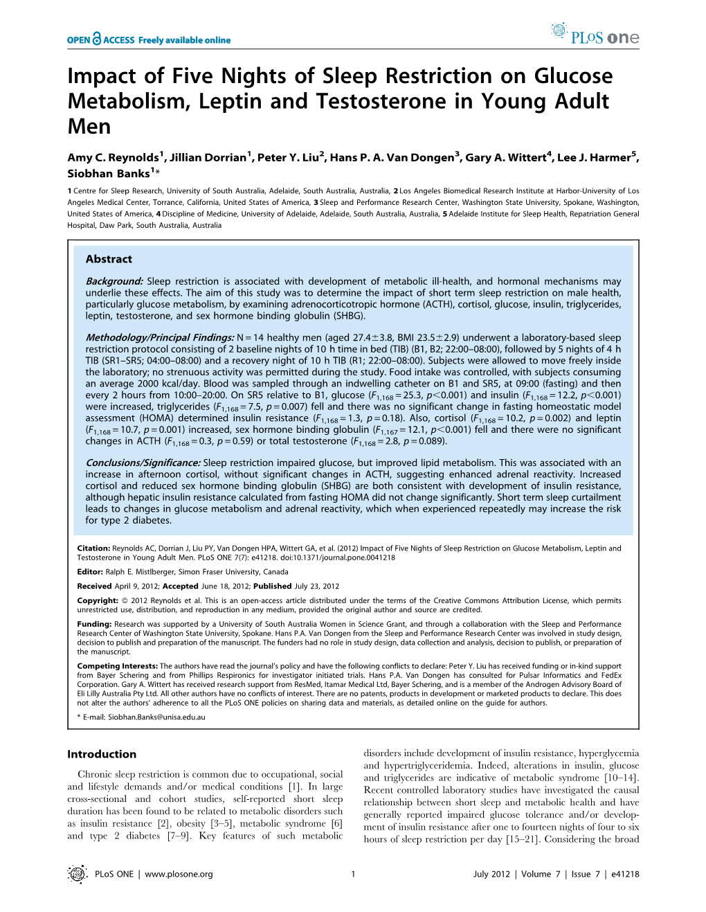 Impact of Five Nights of Sleep Restriction on Glucose Metabolism, Leptin and Testosterone in Young Adult Men