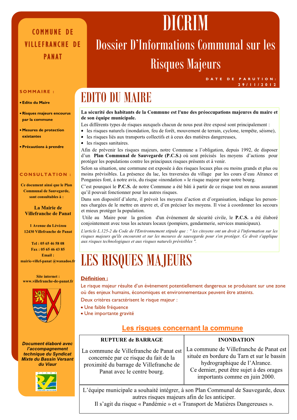 DICRIM VILLEFRANCHE DE Dossier D’Informations Communal Sur Les PANAT