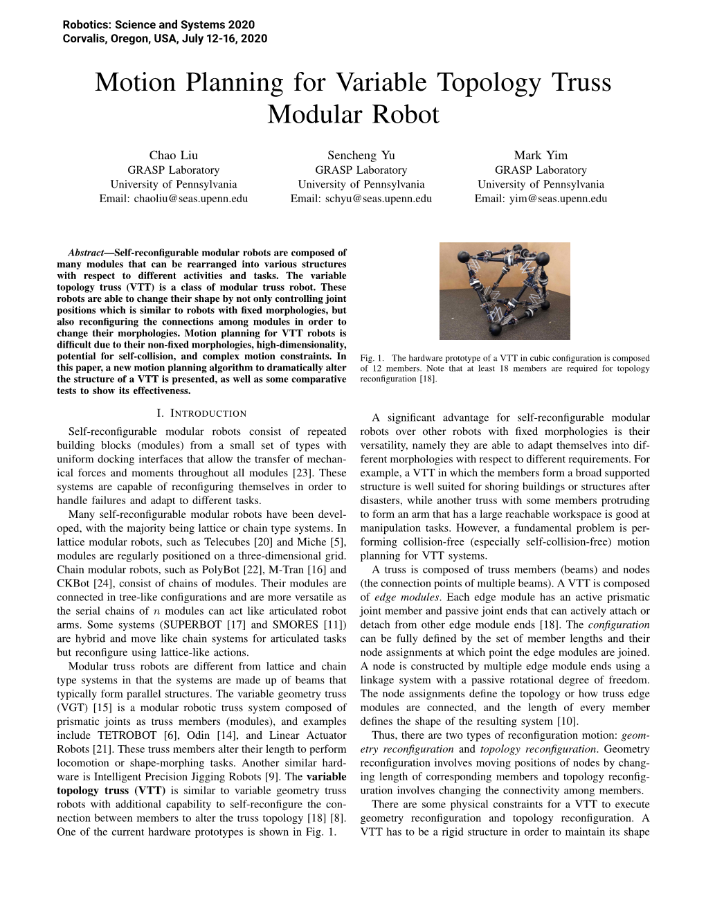 Motion Planning for Variable Topology Truss Modular Robot