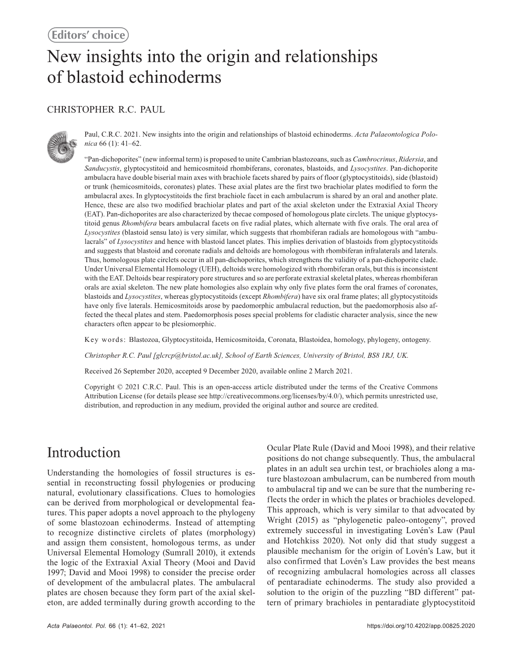 New Insights Into the Origin and Relationships of Blastoid Echinoderms