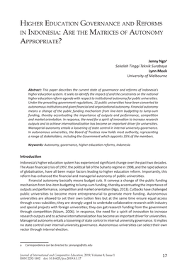 Higher Education Governance and Reforms in Indonesia: Are the Matrices of Autonomy Appropriate?