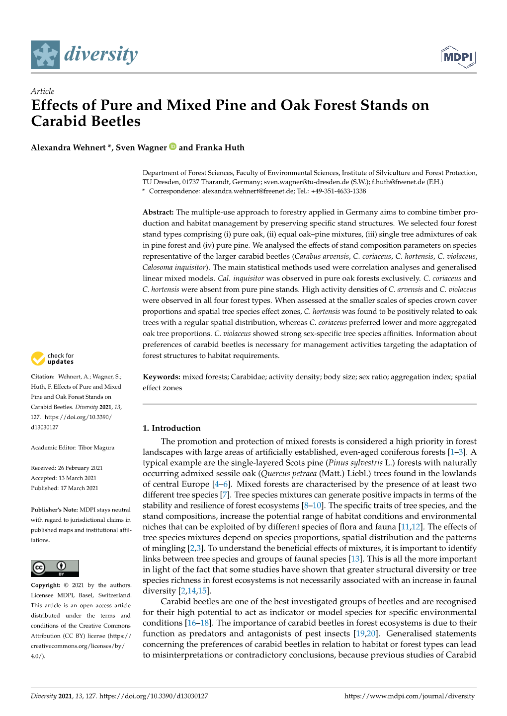 Effects of Pure and Mixed Pine and Oak Forest Stands on Carabid Beetles