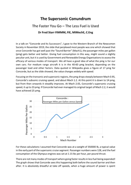 The Supersonic Conundrum the Faster You Go – the Less Fuel Is Used Dr Fred Starr FIMMM, FIE, Mimeche, C.Eng