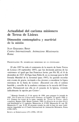 Actualidad Del Carisma Misionero De Teresa De Lisieux Dimensión Contemplativa Y Martirial De La Misión