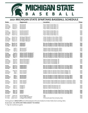 2021 MICHIGAN STATE SPARTANS BASEBALL SCHEDULE Date Opponent Location Time Friday March 5 Maryland* Fluor Field | Greenville, S.C