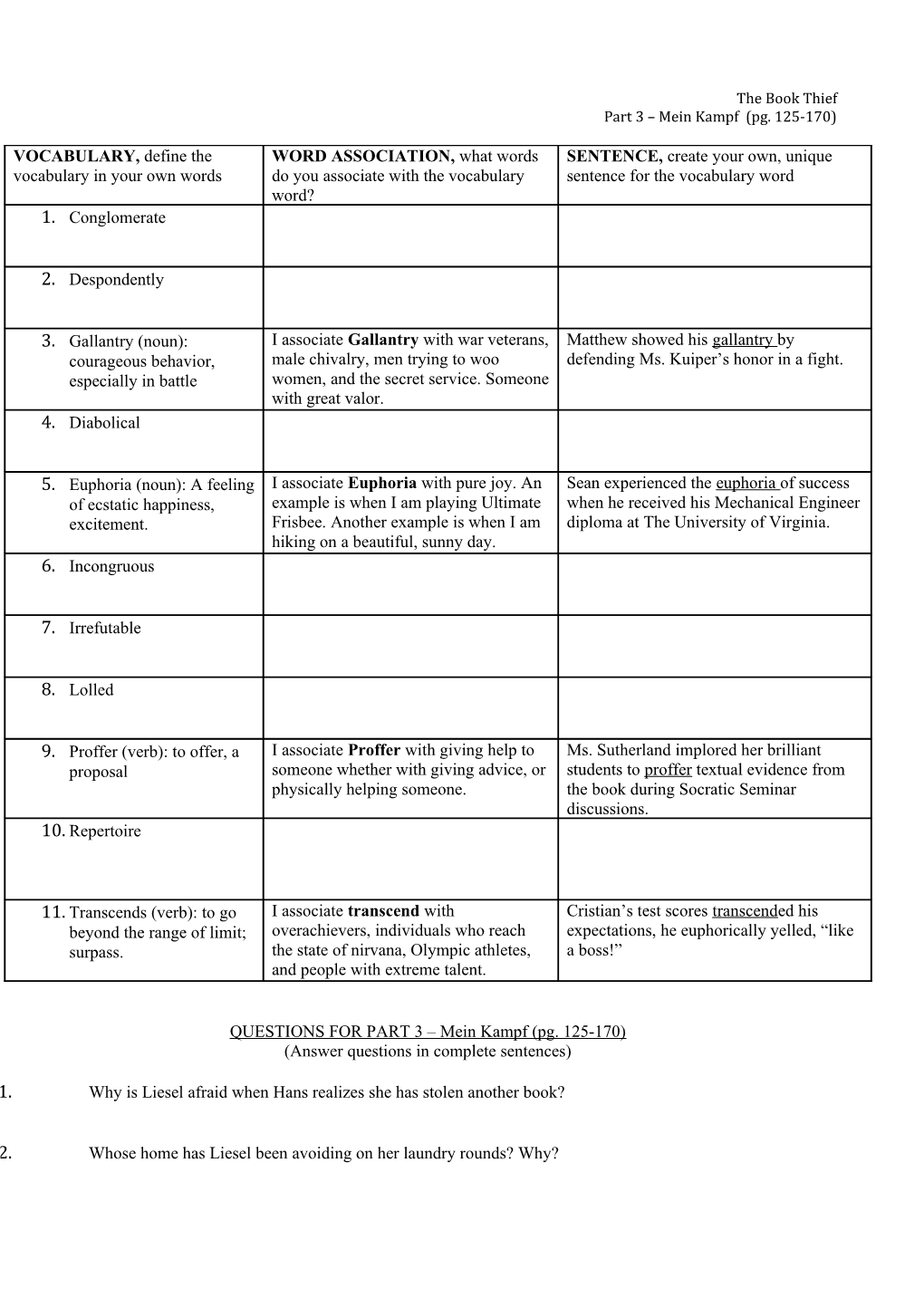 QUESTIONS for PART 3 Mein Kampf (Pg. 125-170)