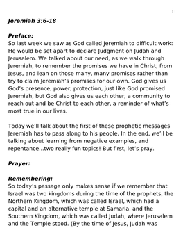 Jeremiah 3:6-18 Preface: So Last Week We Saw As God Called Jeremiah To
