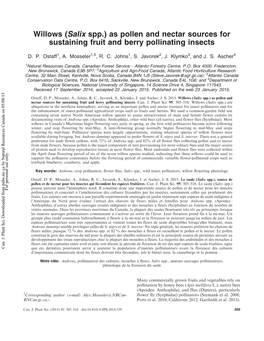 Willows (Salix Spp.) As Pollen and Nectar Sources for Sustaining Fruit and Berry Pollinating Insects