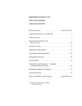 BERKSHIRE HATHAWAY INC. 1999 ANNUAL REPORT TABLE of CONTENTS Business Activities