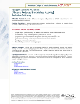 ACMG ACT Sheet Biotinidase Deficiency