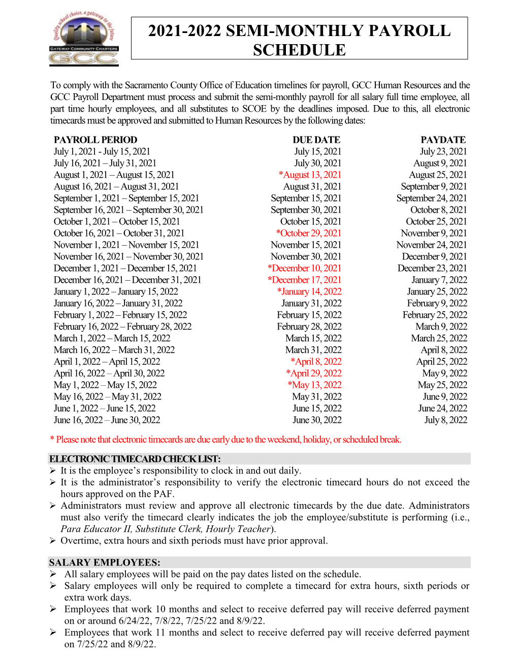 2021-2022 Semi-Monthly Payroll Schedule