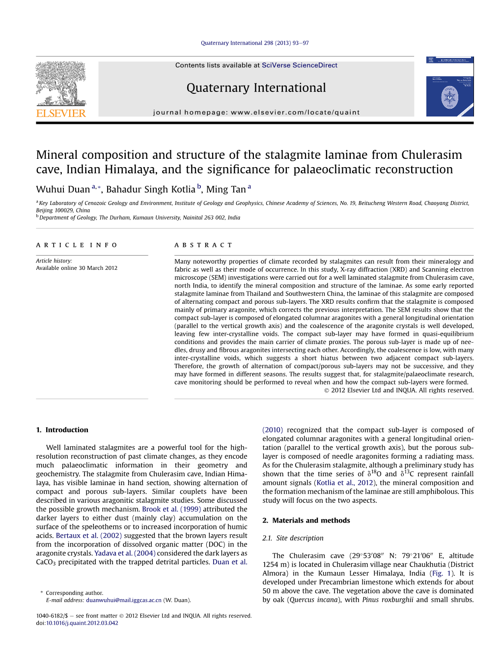 Mineral Composition and Structure of the Stalagmite Laminae from Chulerasim Cave, Indian Himalaya, and the Significance for Pala